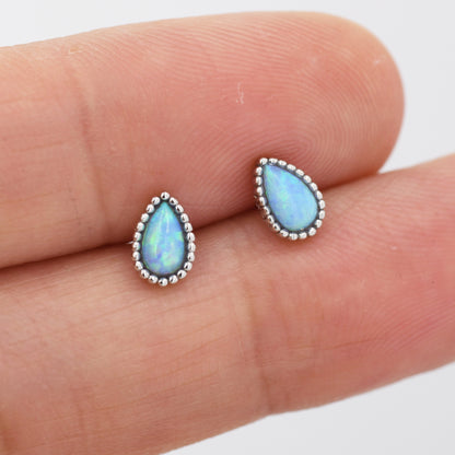 Sterling Silver Droplet Pear Blue Opal Stud Earrings, Silver or Gold, Stacking Earrings, Opal Earrings, Granulated, Dotted Bobble Beaded