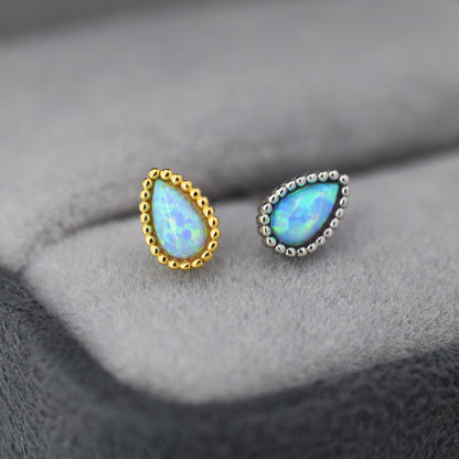 Sterling Silver Droplet Pear Blue Opal Stud Earrings, Silver or Gold, Stacking Earrings, Opal Earrings, Granulated, Dotted Bobble Beaded