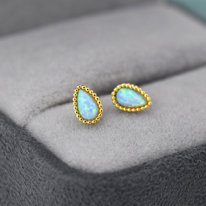 Sterling Silver Droplet Pear Blue Opal Stud Earrings, Silver or Gold, Stacking Earrings, Opal Earrings, Granulated, Dotted Bobble Beaded