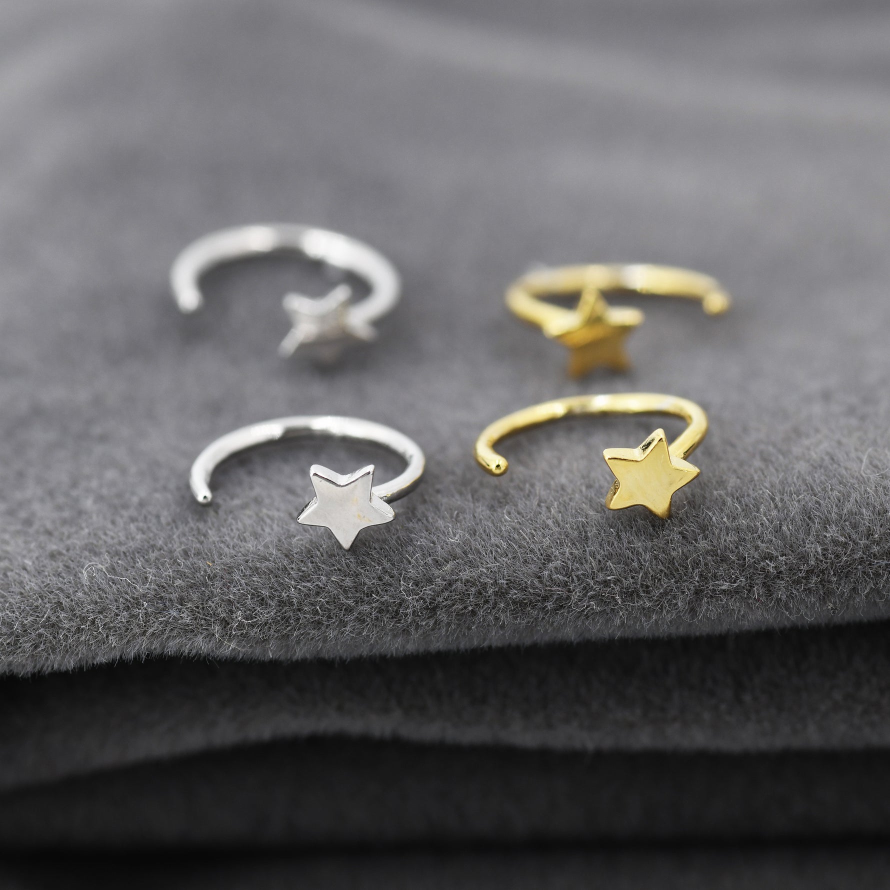 Tiny Star Huggie Hoop Earrings in Sterling Silver, Star Pull Through Earrings, Half Hoop Earrings, Open Hoop, Silver or Gold