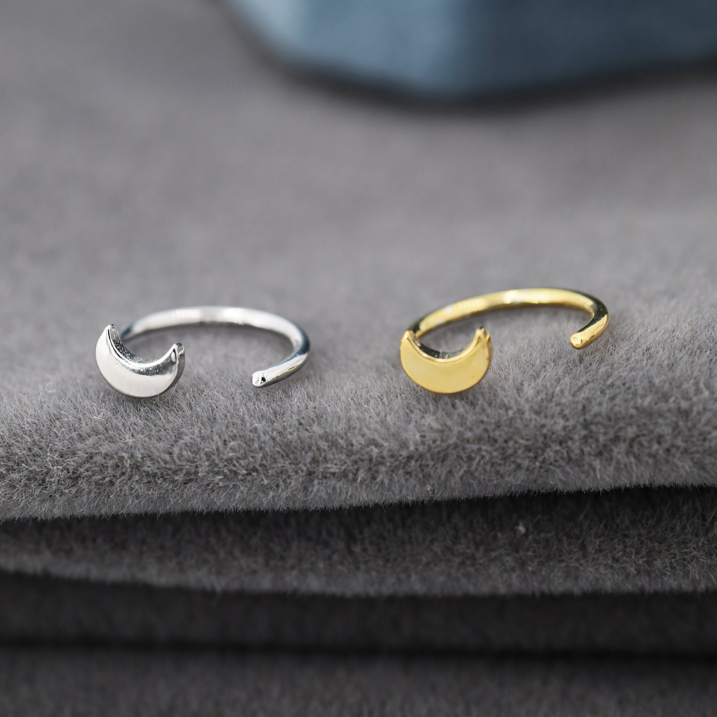 Tiny Crescent Moon Huggie Hoop Earrings in Sterling Silver, Moon Pull Through Earrings, Half Hoop Earrings, Open Hoop, Silver or Gold