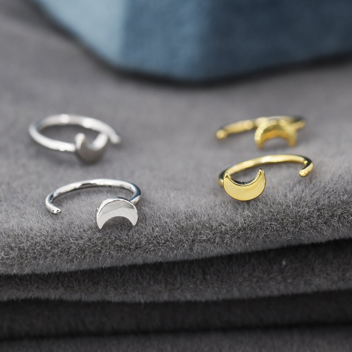 Tiny Crescent Moon Huggie Hoop Earrings in Sterling Silver, Moon Pull Through Earrings, Half Hoop Earrings, Open Hoop, Silver or Gold