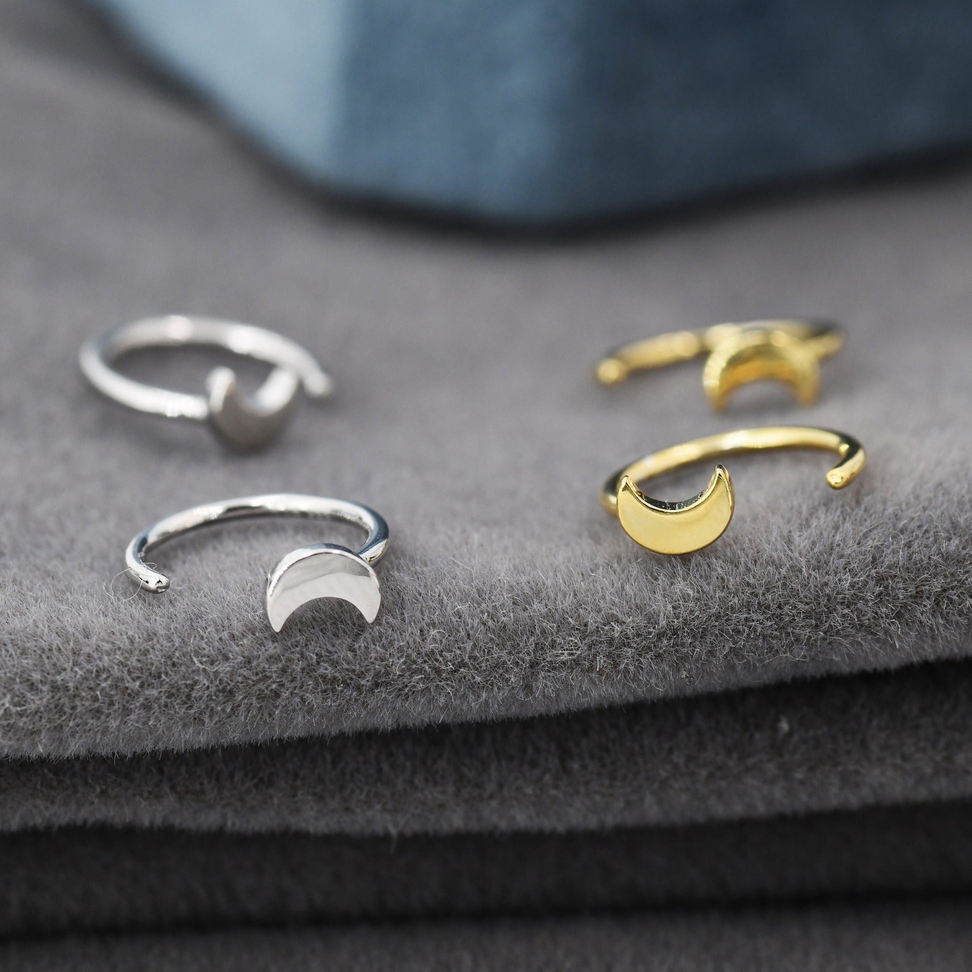 Tiny Crescent Moon Huggie Hoop Earrings in Sterling Silver, Moon Pull Through Earrings, Half Hoop Earrings, Open Hoop, Silver or Gold