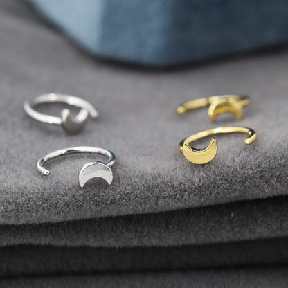 Tiny Crescent Moon Huggie Hoop Earrings in Sterling Silver, Moon Pull Through Earrings, Half Hoop Earrings, Open Hoop, Silver or Gold
