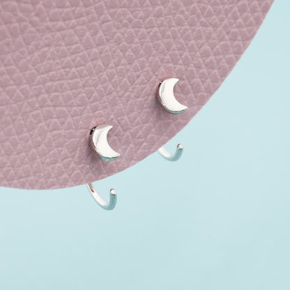 Tiny Crescent Moon Huggie Hoop Earrings in Sterling Silver, Moon Pull Through Earrings, Half Hoop Earrings, Open Hoop, Silver or Gold