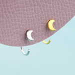 Tiny Crescent Moon Huggie Hoop Earrings in Sterling Silver, Moon Pull Through Earrings, Half Hoop Earrings, Open Hoop, Silver or Gold