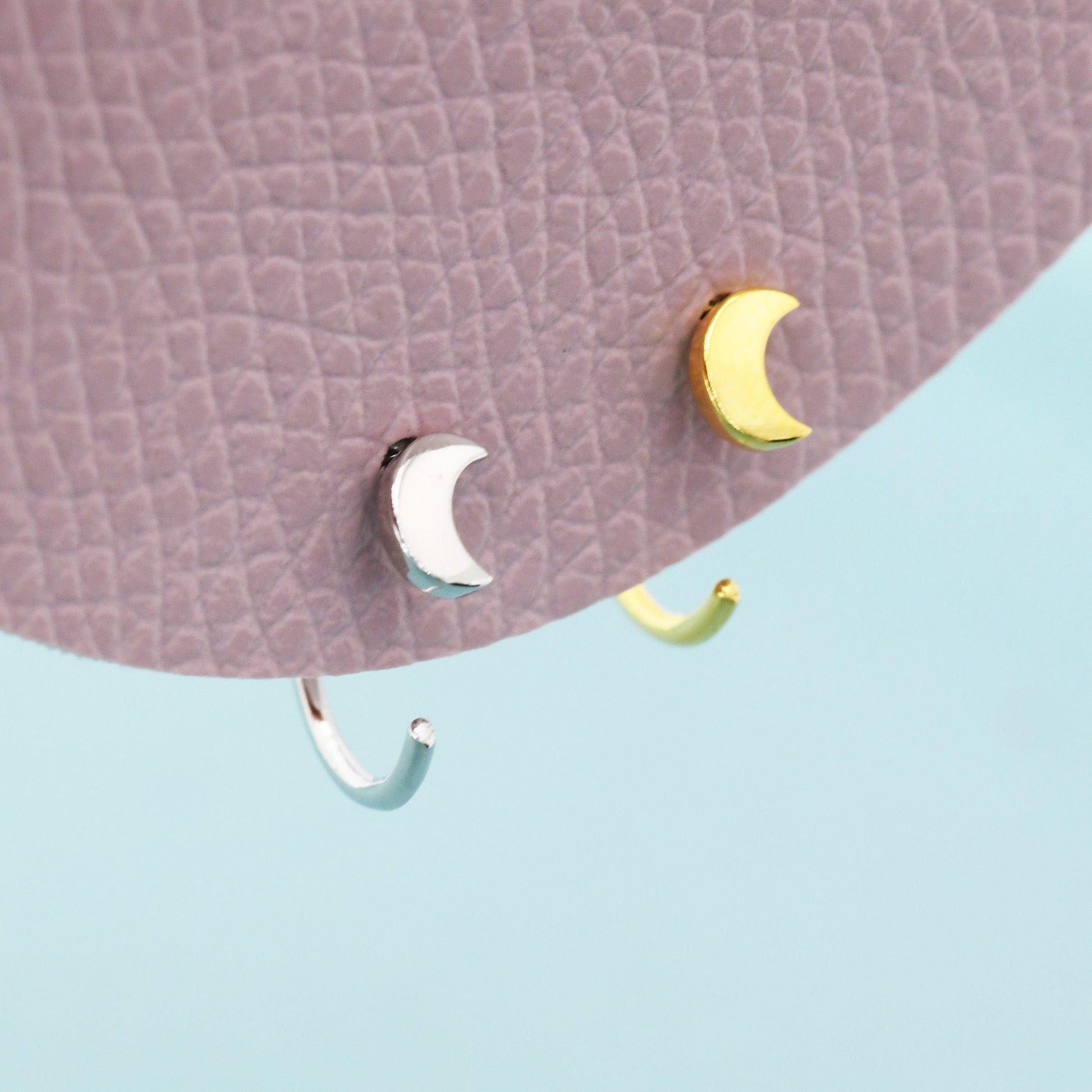 Tiny Crescent Moon Huggie Hoop Earrings in Sterling Silver, Moon Pull Through Earrings, Half Hoop Earrings, Open Hoop, Silver or Gold