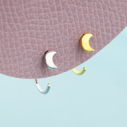 Tiny Crescent Moon Huggie Hoop Earrings in Sterling Silver, Moon Pull Through Earrings, Half Hoop Earrings, Open Hoop, Silver or Gold