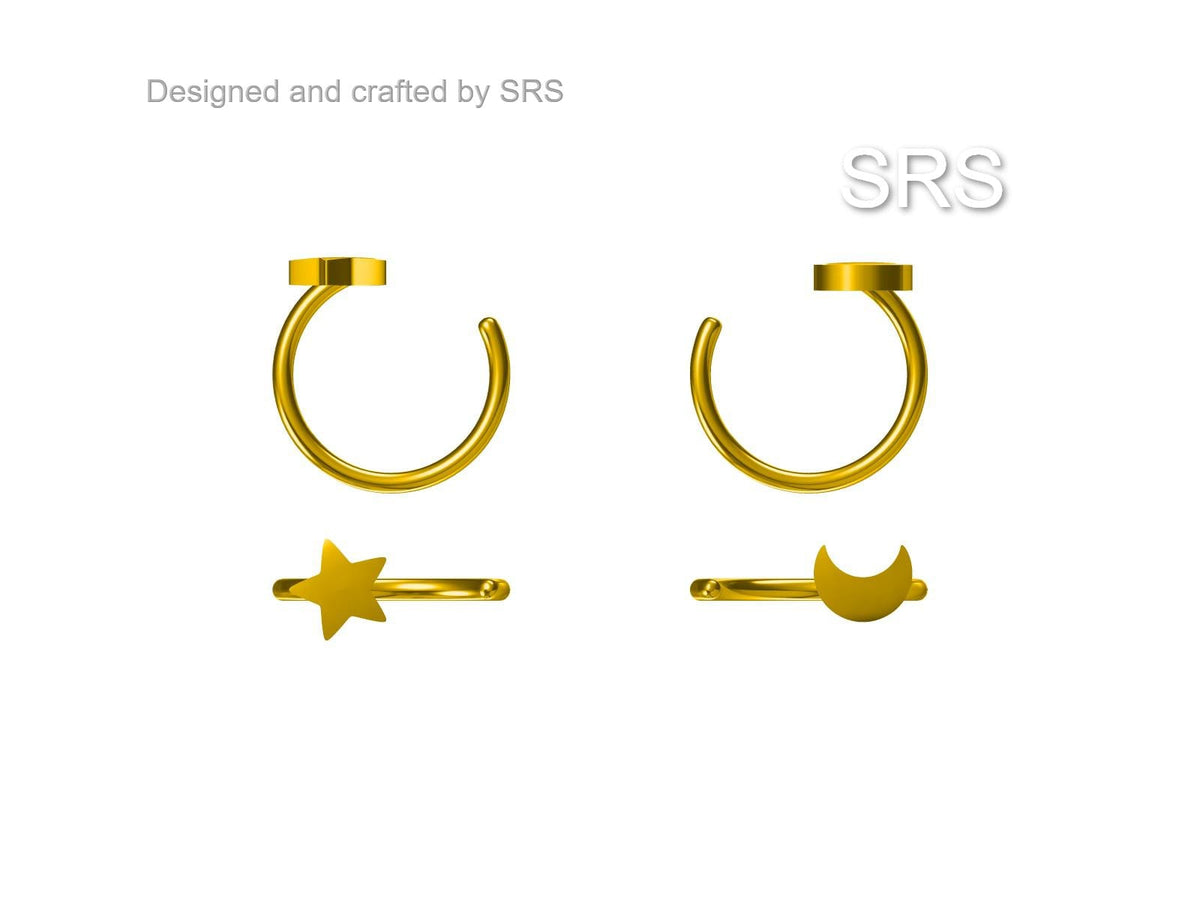 Tiny Mismatched Moon and Star Huggie Hoop Earrings in Sterling Silver, Asymmetric Pull Through Earrings, Half Hoop, Silver or Gold