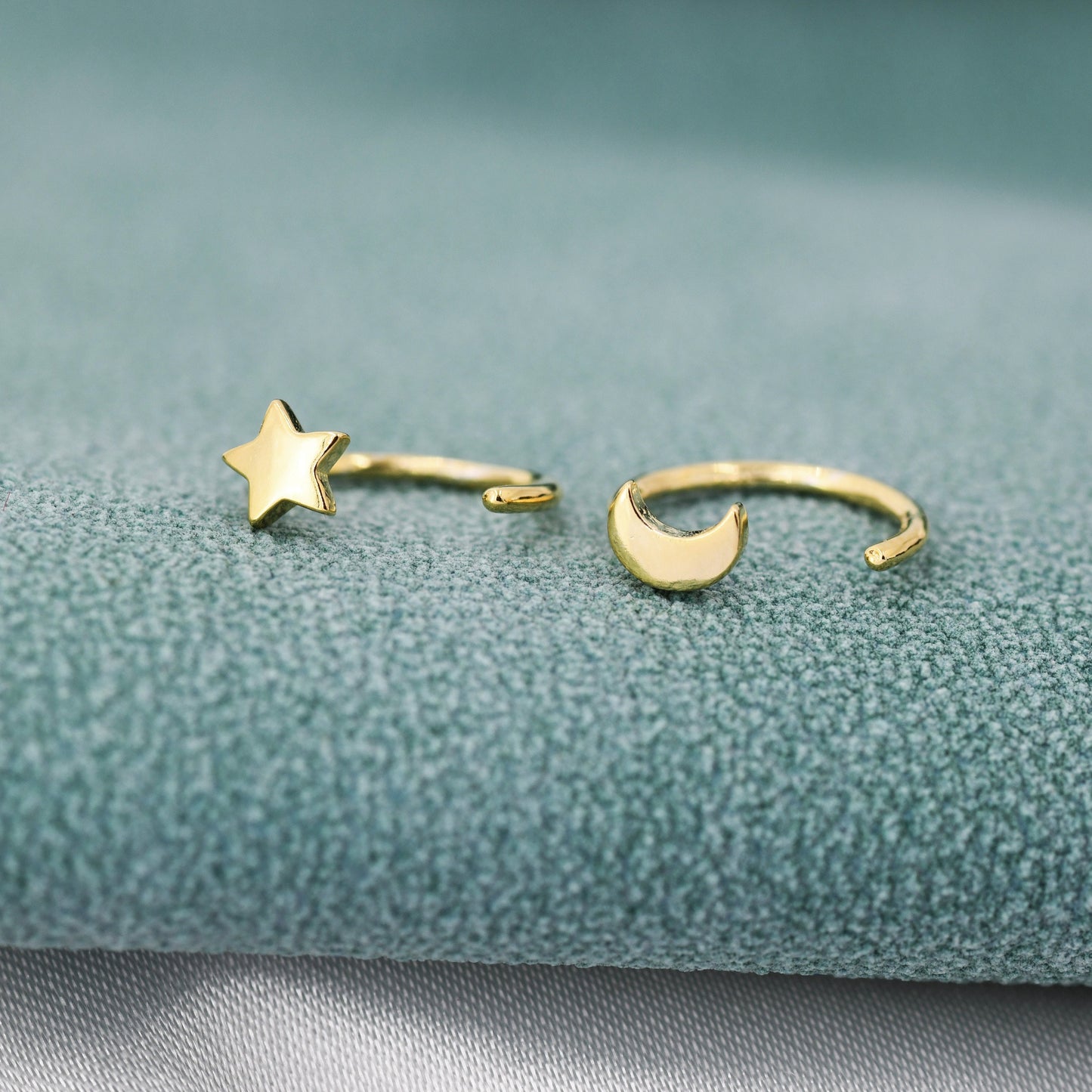 Tiny Mismatched Moon and Star Huggie Hoop Earrings in Sterling Silver, Asymmetric Pull Through Earrings, Half Hoop, Silver or Gold