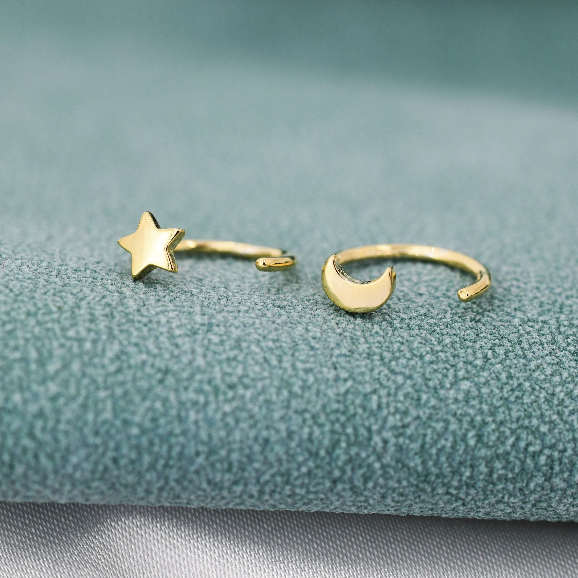 Tiny Mismatched Moon and Star Huggie Hoop Earrings in Sterling Silver, Asymmetric Pull Through Earrings, Half Hoop, Silver or Gold