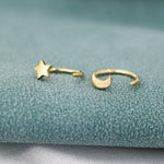 Tiny Mismatched Moon and Star Huggie Hoop Earrings in Sterling Silver, Asymmetric Pull Through Earrings, Half Hoop, Silver or Gold