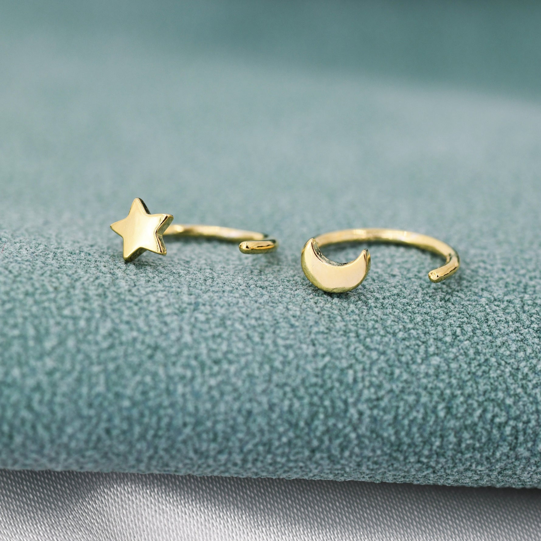 Tiny Mismatched Moon and Star Huggie Hoop Earrings in Sterling Silver, Asymmetric Pull Through Earrings, Half Hoop, Silver or Gold