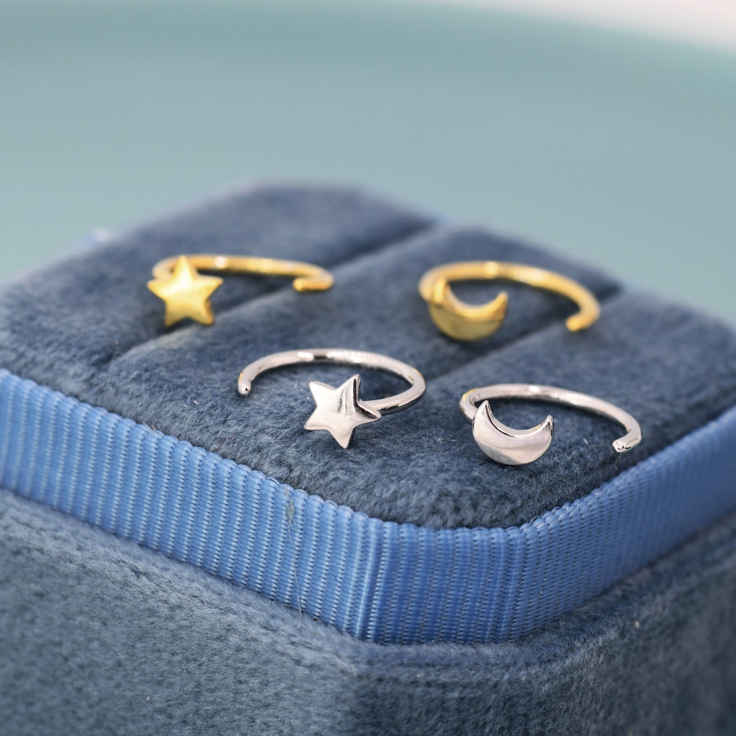 Tiny Mismatched Moon and Star Huggie Hoop Earrings in Sterling Silver, Asymmetric Pull Through Earrings, Half Hoop, Silver or Gold