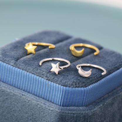 Tiny Mismatched Moon and Star Huggie Hoop Earrings in Sterling Silver, Asymmetric Pull Through Earrings, Half Hoop, Silver or Gold