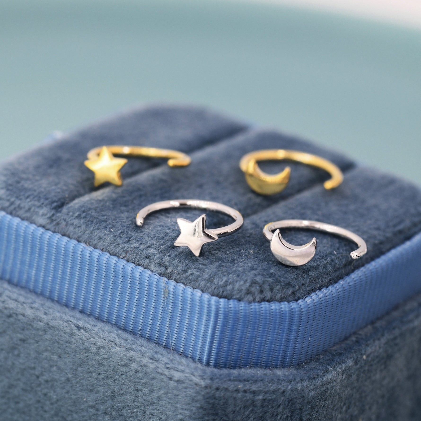 Tiny Mismatched Moon and Star Huggie Hoop Earrings in Sterling Silver, Asymmetric Pull Through Earrings, Half Hoop, Silver or Gold