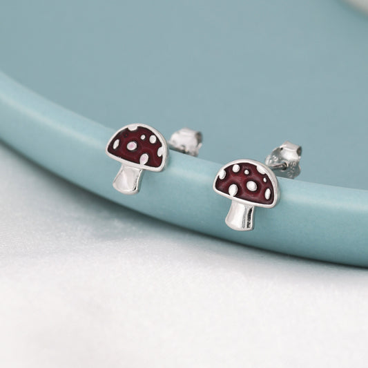 Mushroom Stud Earrings in Sterling Silver, Hand Painted Enamel, Fly Agaric, Nature Inspired Plant Earrings, Fungus Earrings