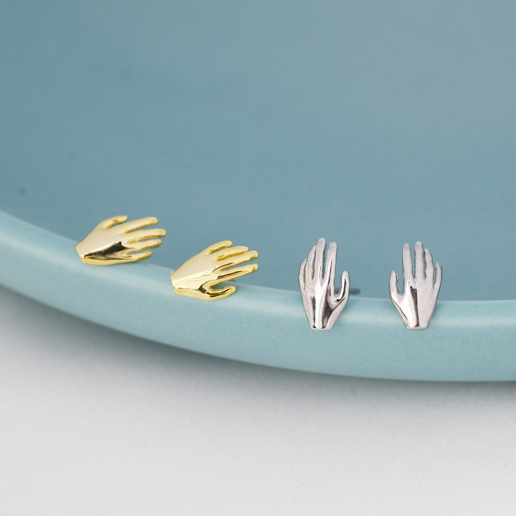 Pair of Hand Stud Earrings in Sterling Silver, Silver or Gold, Fingers Earrings, Fun and Quirky Design