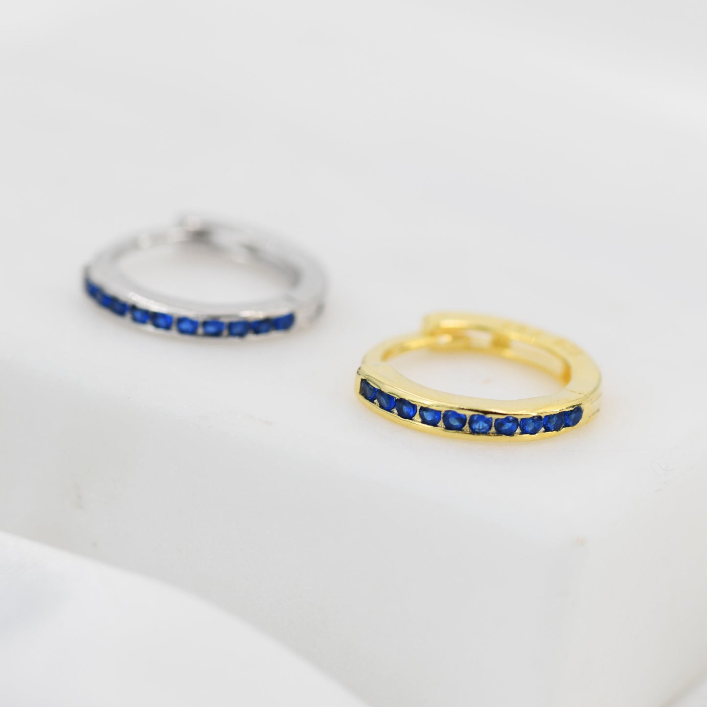 Extra Skinny Sapphire Blue Huggie Hoop in Sterling Silver, Silver or Gold, 8mm Inner Diameter Hoop Earrings, September Birthstone