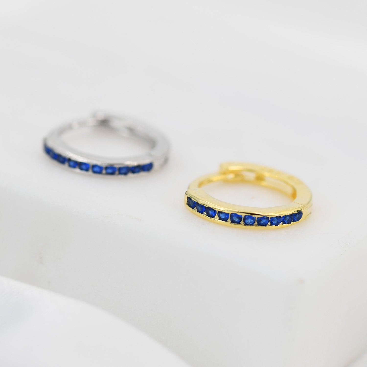 Extra Skinny Sapphire Blue Huggie Hoop in Sterling Silver, Silver or Gold, 8mm Inner Diameter Hoop Earrings, September Birthstone
