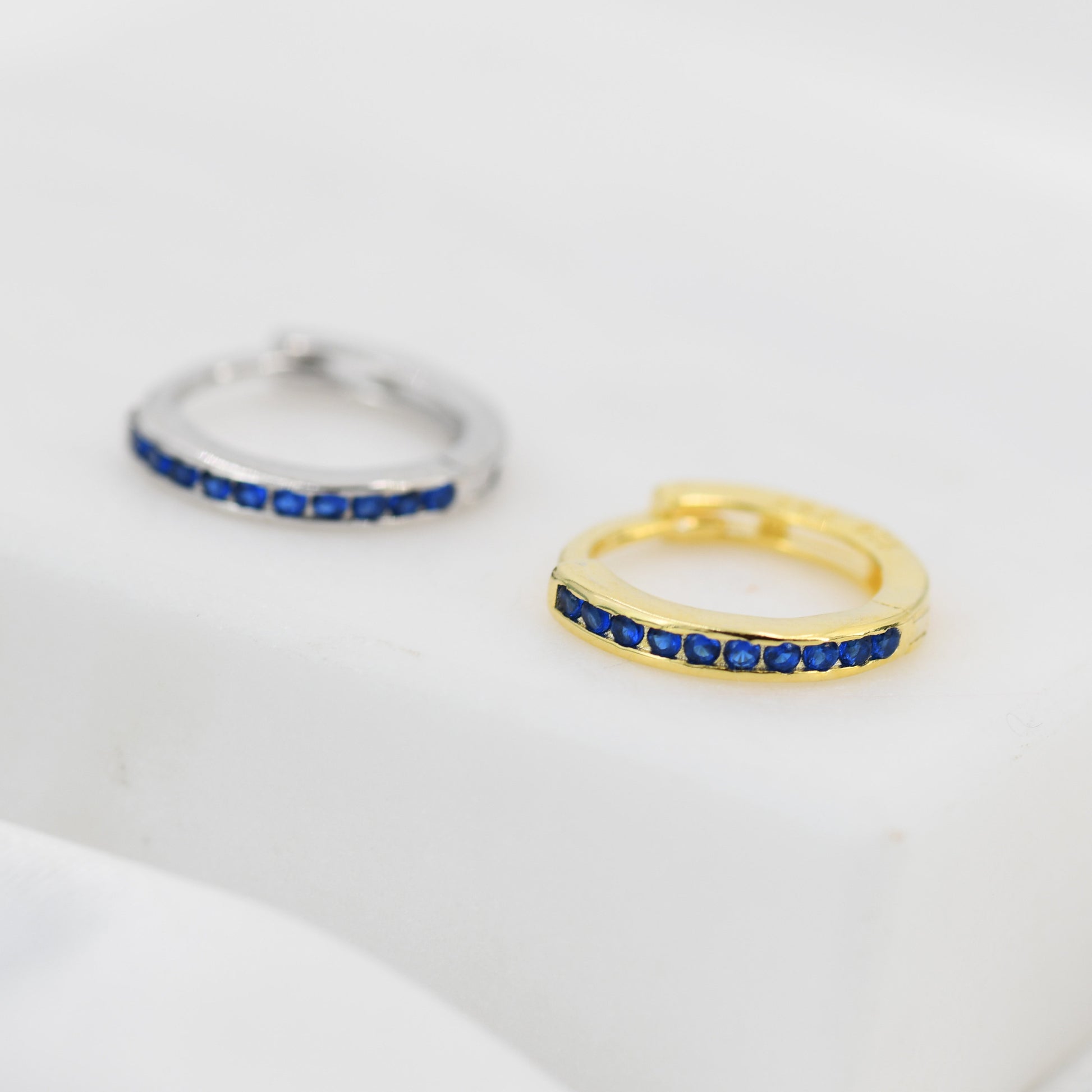 Extra Skinny Sapphire Blue Huggie Hoop in Sterling Silver, Silver or Gold, 8mm Inner Diameter Hoop Earrings, September Birthstone