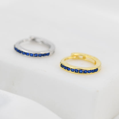 Extra Skinny Sapphire Blue Huggie Hoop in Sterling Silver, Silver or Gold, 8mm Inner Diameter Hoop Earrings, September Birthstone