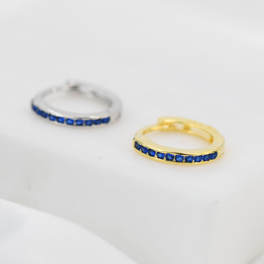 Extra Skinny Sapphire Blue Huggie Hoop in Sterling Silver, Silver or Gold, 8mm Inner Diameter Hoop Earrings, September Birthstone