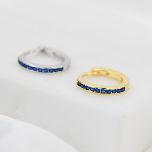 Extra Skinny Sapphire Blue Huggie Hoop in Sterling Silver, Silver or Gold,  8mm Inner Diameter Hoop Earrings, September Birthstone