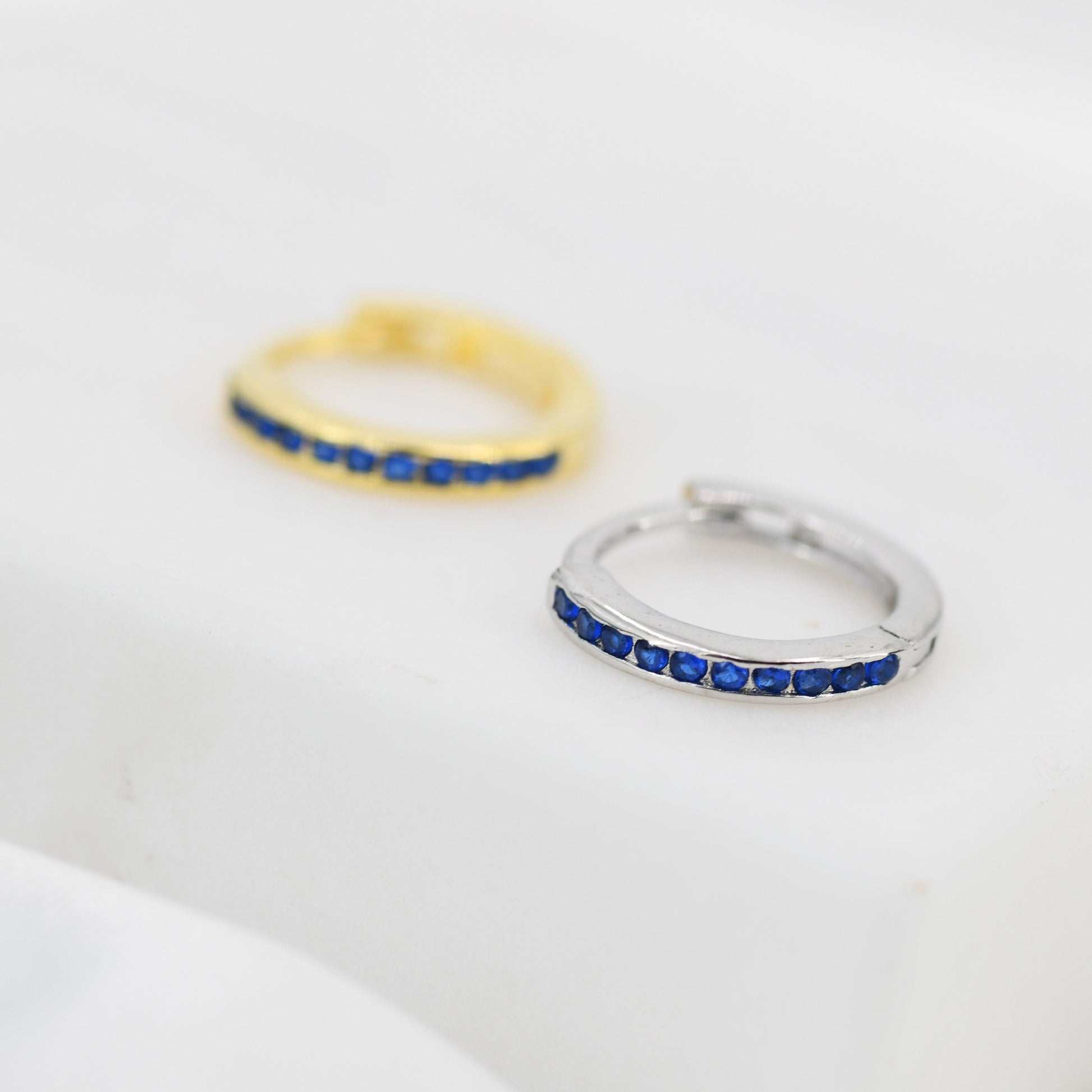 Extra Skinny Sapphire Blue Huggie Hoop in Sterling Silver, Silver or Gold, 8mm Inner Diameter Hoop Earrings, September Birthstone