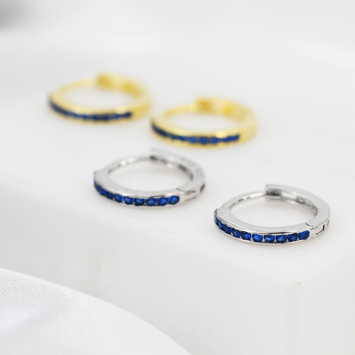 Extra Skinny Sapphire Blue Huggie Hoop in Sterling Silver, Silver or Gold, 8mm Inner Diameter Hoop Earrings, September Birthstone