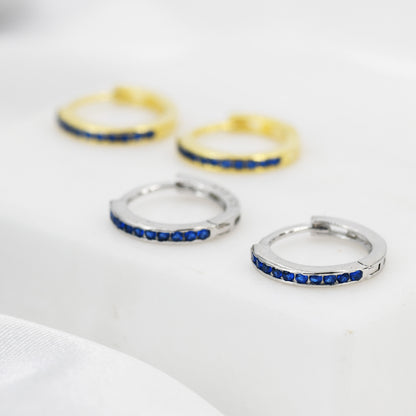Extra Skinny Sapphire Blue Huggie Hoop in Sterling Silver, Silver or Gold, 8mm Inner Diameter Hoop Earrings, September Birthstone