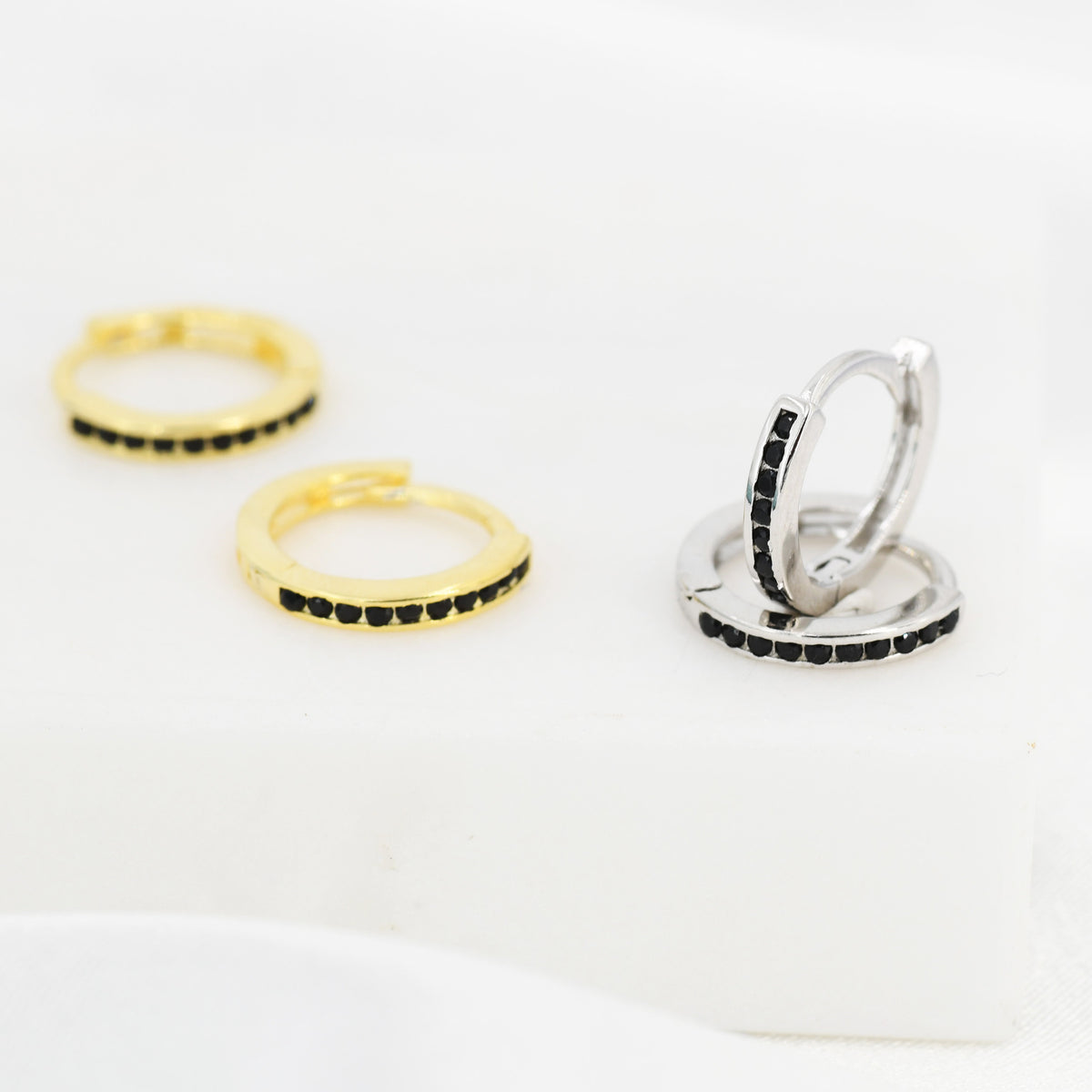 Extra Skinny Black CZ Huggie Hoop in Sterling Silver, Silver or Gold, 8mm Inner Diameter Hoop Earrings, May Birthstone