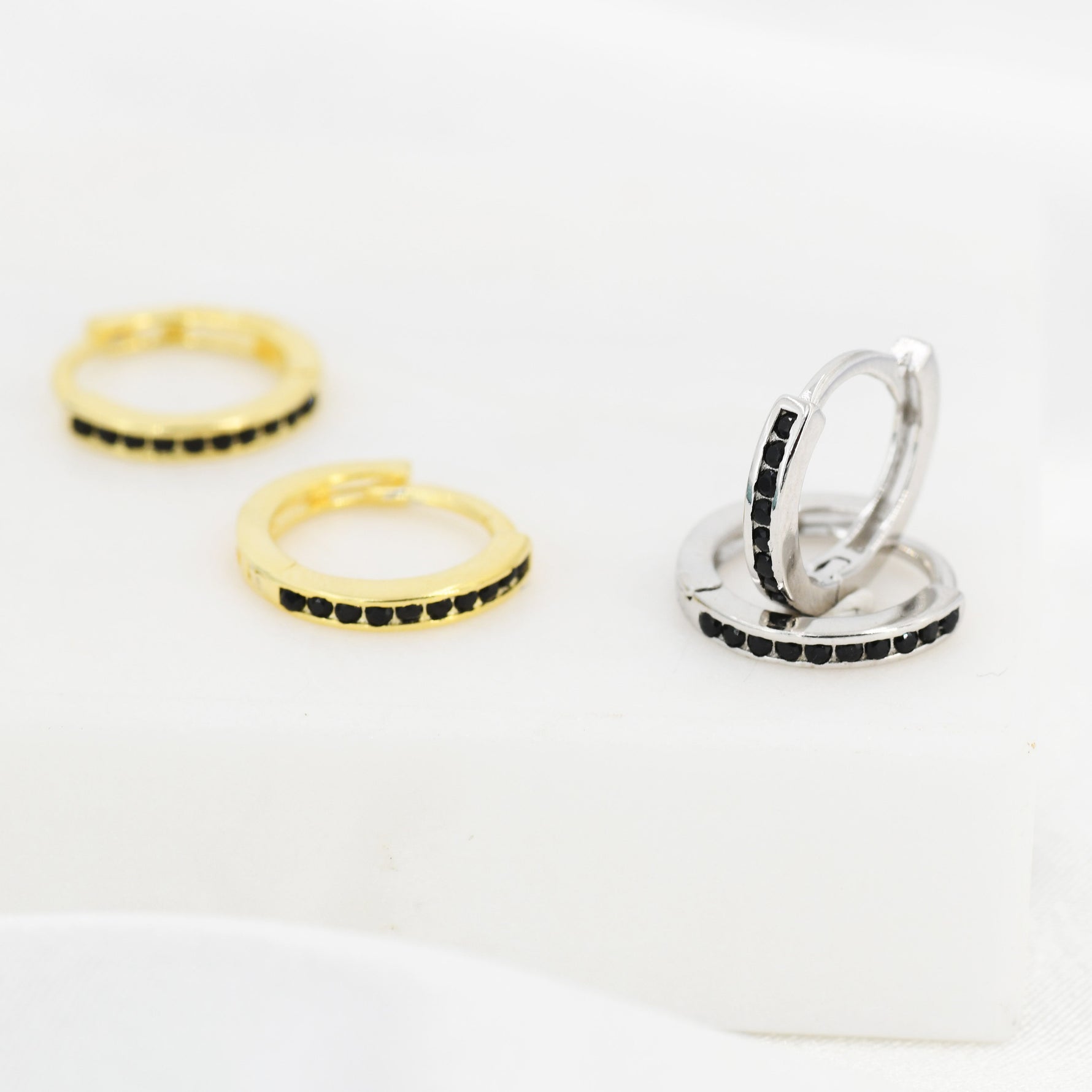 Extra Skinny Black CZ Huggie Hoop in Sterling Silver, Silver or Gold, 8mm Inner Diameter Hoop Earrings, May Birthstone
