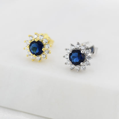 Sapphire Flower Stud Earrings in Sterling Silver, Gold or Silver, Simulated Sapphire Flower Earrings, Blue CZ Flower Earrings