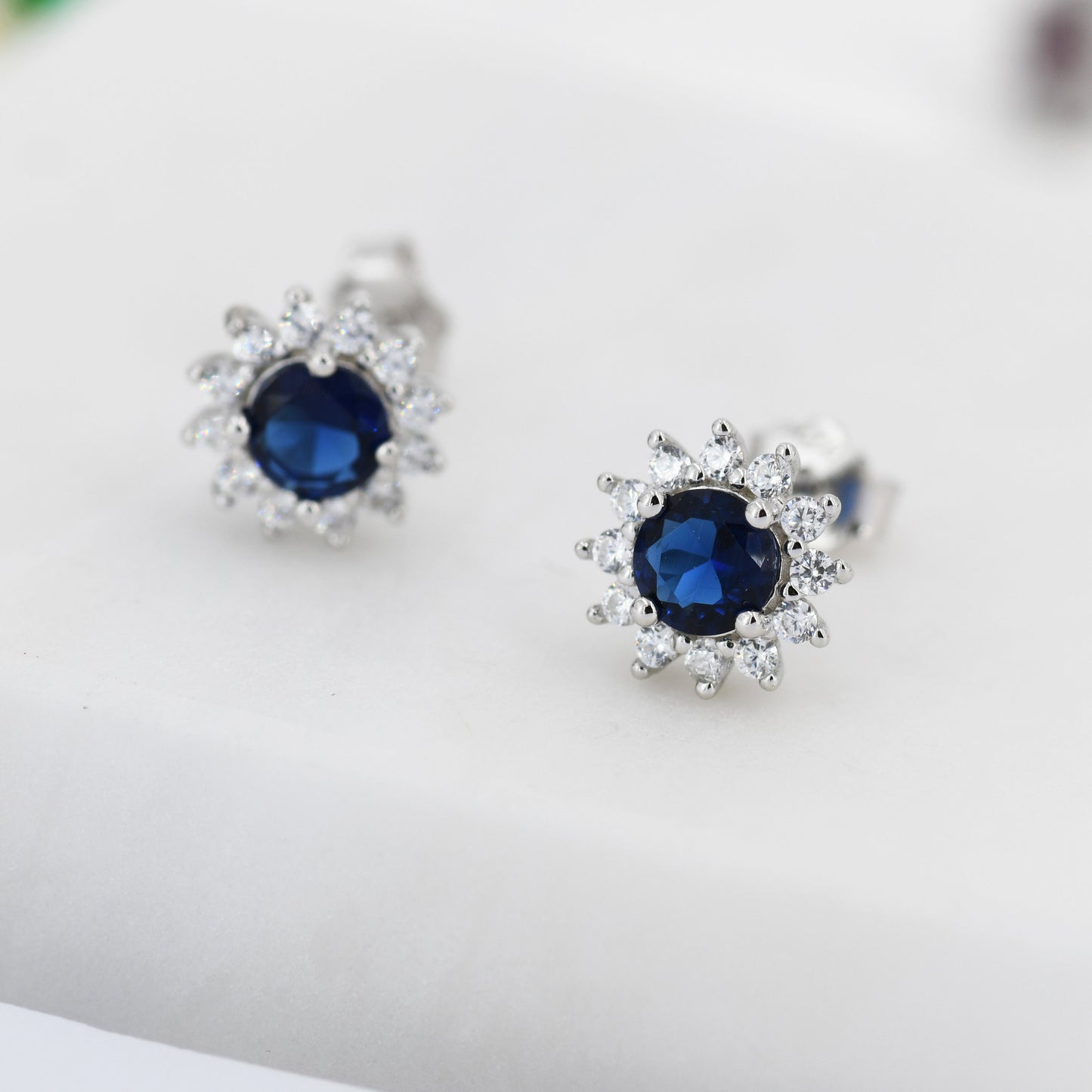 Sapphire Flower Stud Earrings in Sterling Silver, Gold or Silver, Simulated Sapphire Flower Earrings, Blue CZ Flower Earrings