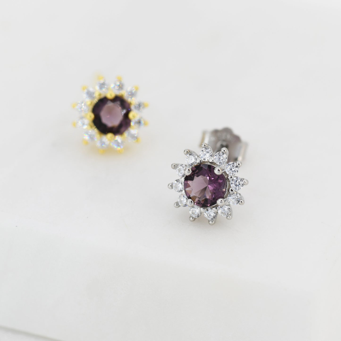 Amethyst Flower Stud Earrings in Sterling Silver, Gold or Silver, Simulated Amethyst Purple CZ Earrings, Purple CZ Flower Earrings