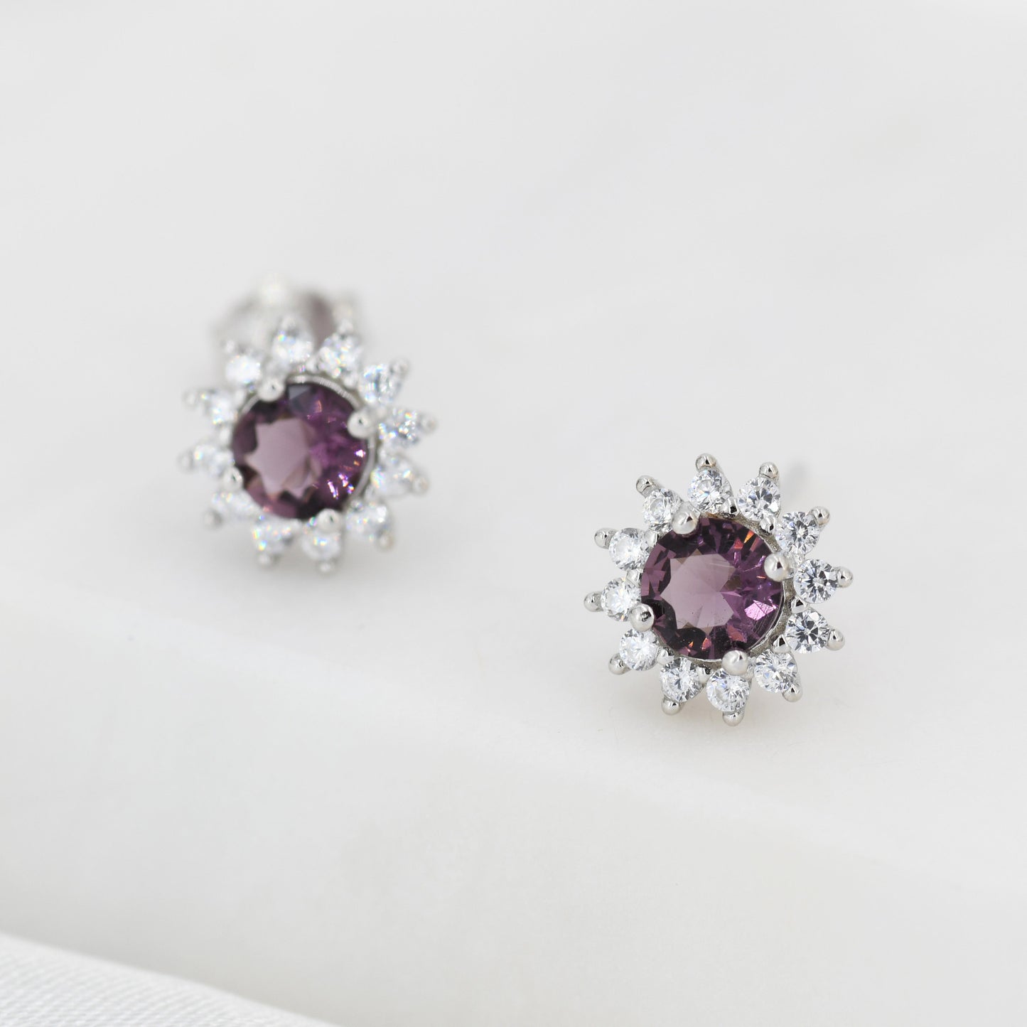 Amethyst Flower Stud Earrings in Sterling Silver, Gold or Silver, Simulated Amethyst Purple CZ Earrings, Purple CZ Flower Earrings