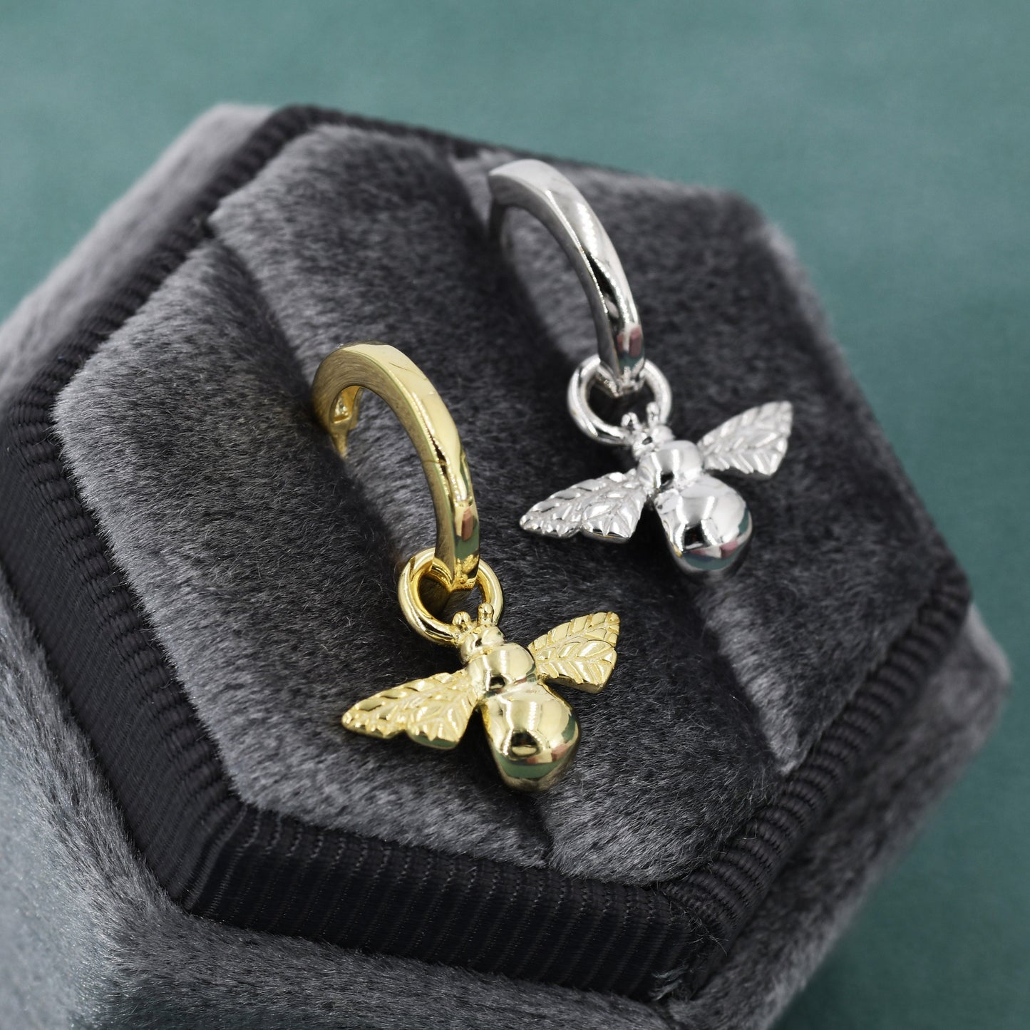 Sterling Silver Dangling Bee Hoop Earrings, Detachable Charm Dangle Hoop Earrings, Silver or Gold, Interchangeable