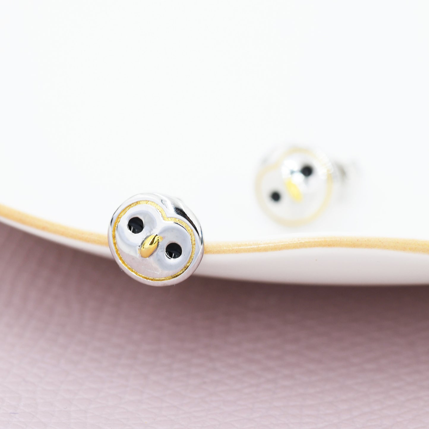 Cute Barn Owl Face Stud Earrings in Sterling Silver, Owl Bird Earrings, Nature Inspired Animal Earrings