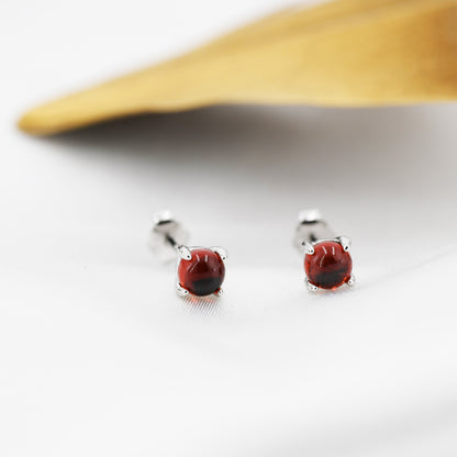 Natural Garnet Stud Earrings in Sterling Silver, Semi-Precious Gemstone Earrings, 4mm, 4 prong Genuine Garnet Earrings, January Birthstone