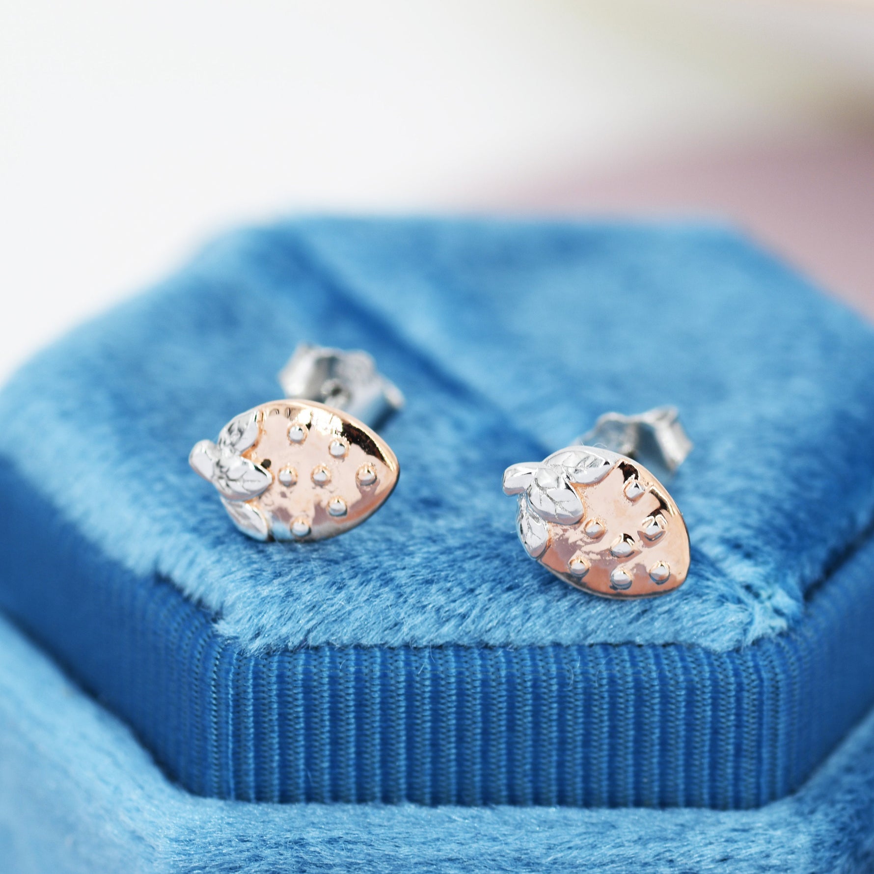 Strawberry Stud Earrings in Sterling Silver, Silver and Rose Gold Two Tone Earrings, Fruit Earrings, Summer Earrings
