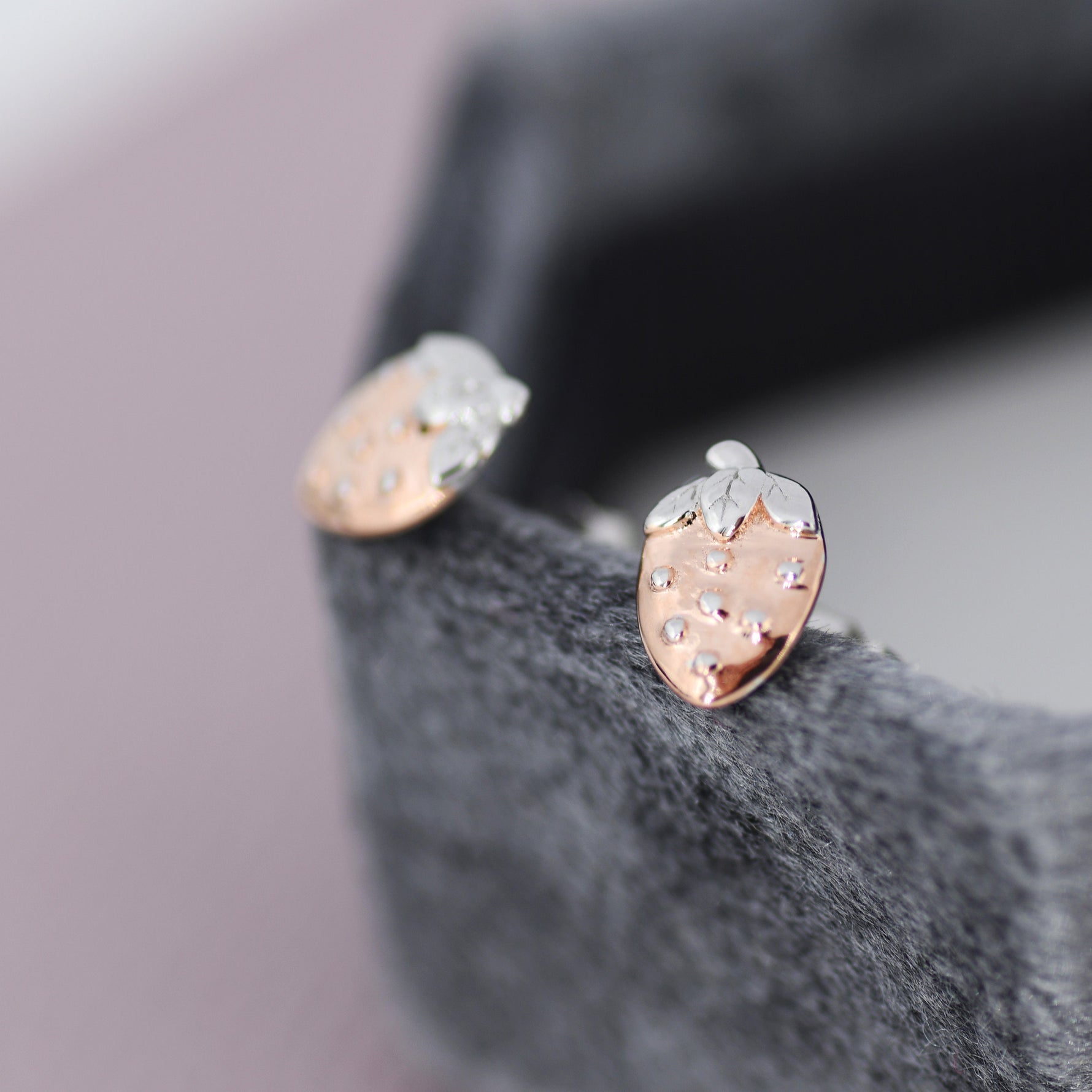 Strawberry Stud Earrings in Sterling Silver, Silver and Rose Gold Two Tone Earrings, Fruit Earrings, Summer Earrings