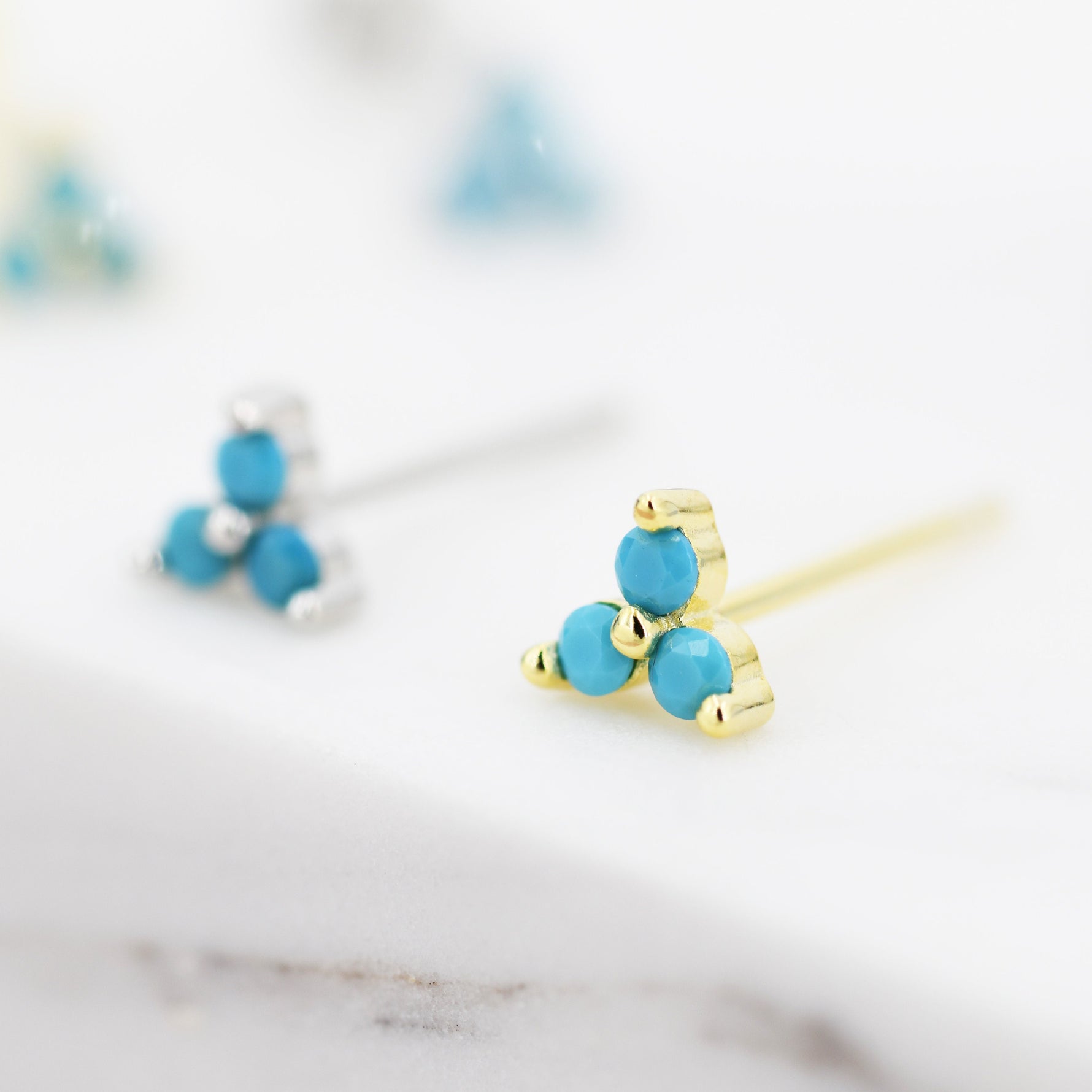 Turquoise Trinity Stud Earrings in Sterling Silver, Silver or Gold, Three Dot Stacking Earrings