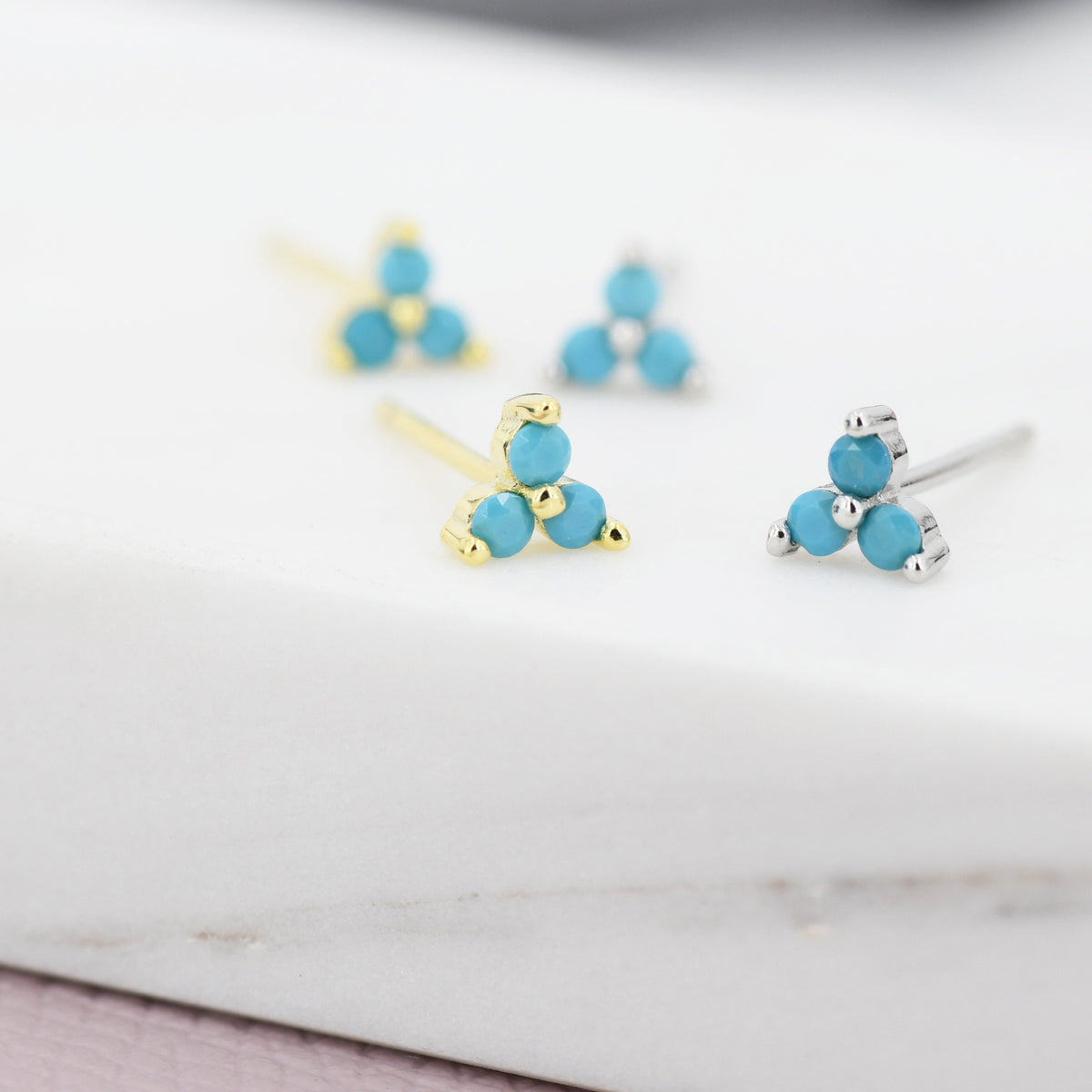 Turquoise Trinity Stud Earrings in Sterling Silver, Silver or Gold, Three Dot Stacking Earrings