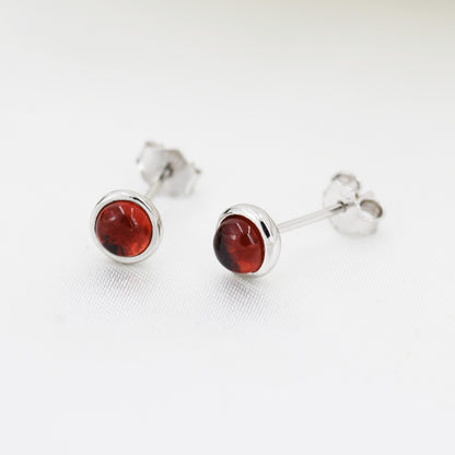 Natural Garnet Stud Earrings in Sterling Silver, Semi-Precious Gemstones, 4mm or 5mm Bezel, Genuine Garnet Earrings, January Birthstone