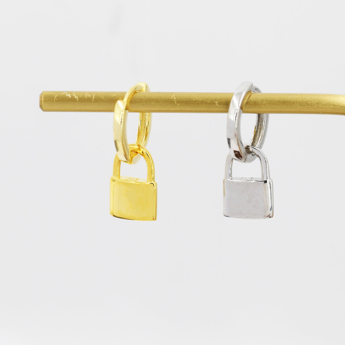 Sterling Silver Padlock Hoop Earrings, Detachable Lock Charm Dangle Hoop Earrings, Silver or Gold, Interchangeable