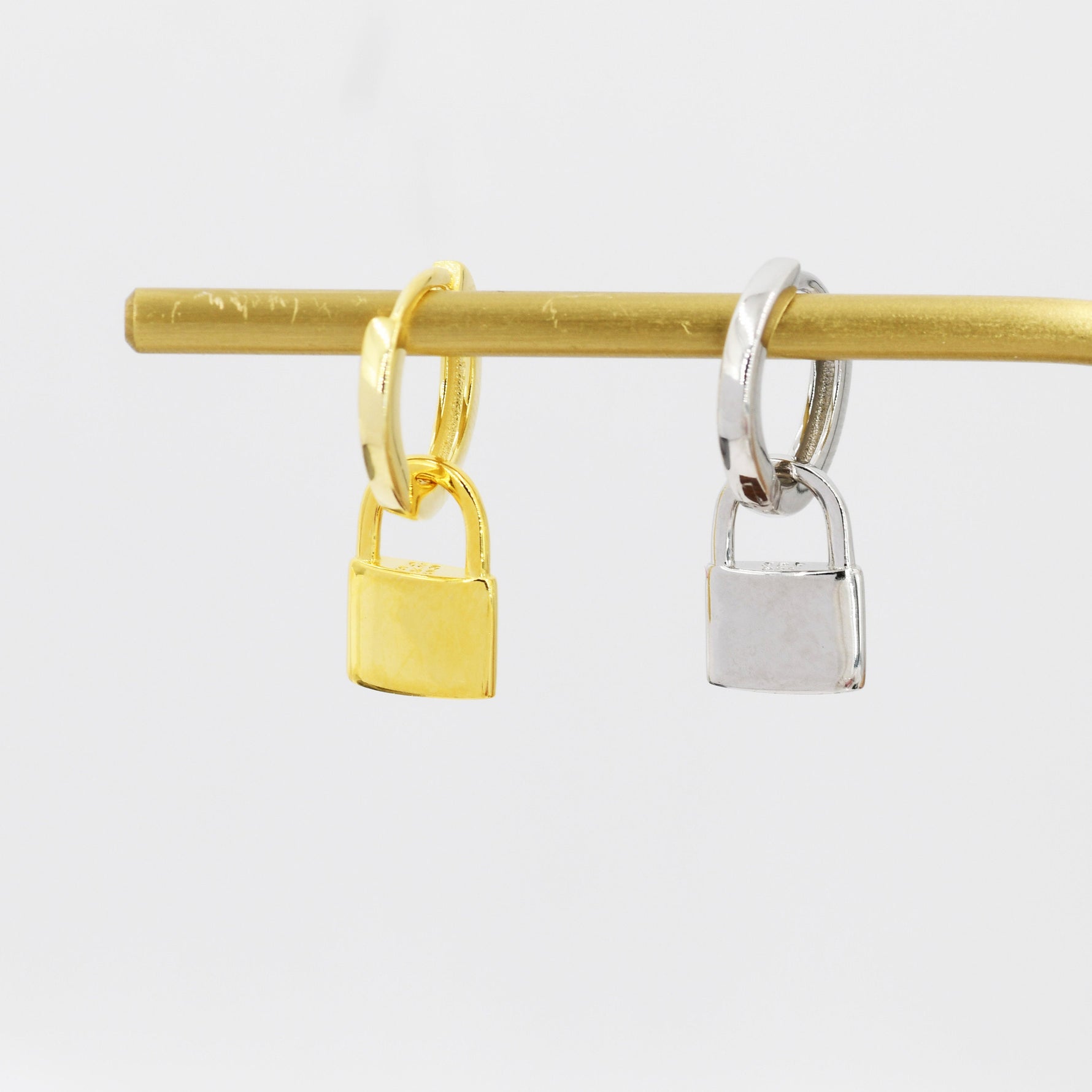 Sterling Silver Padlock Hoop Earrings, Detachable Lock Charm Dangle Hoop Earrings, Silver or Gold, Interchangeable