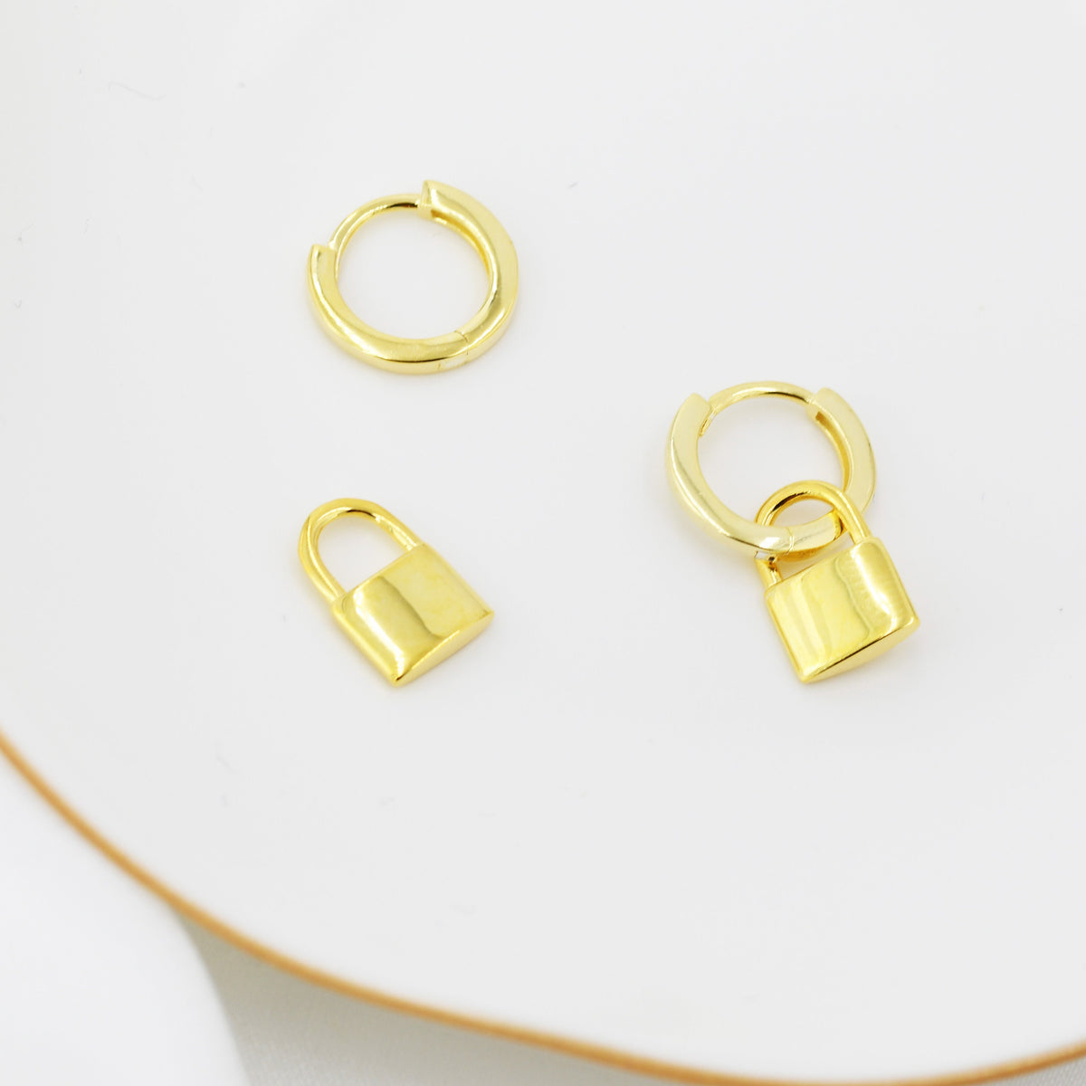 Sterling Silver Padlock Hoop Earrings, Detachable Lock Charm Dangle Hoop Earrings, Silver or Gold, Interchangeable