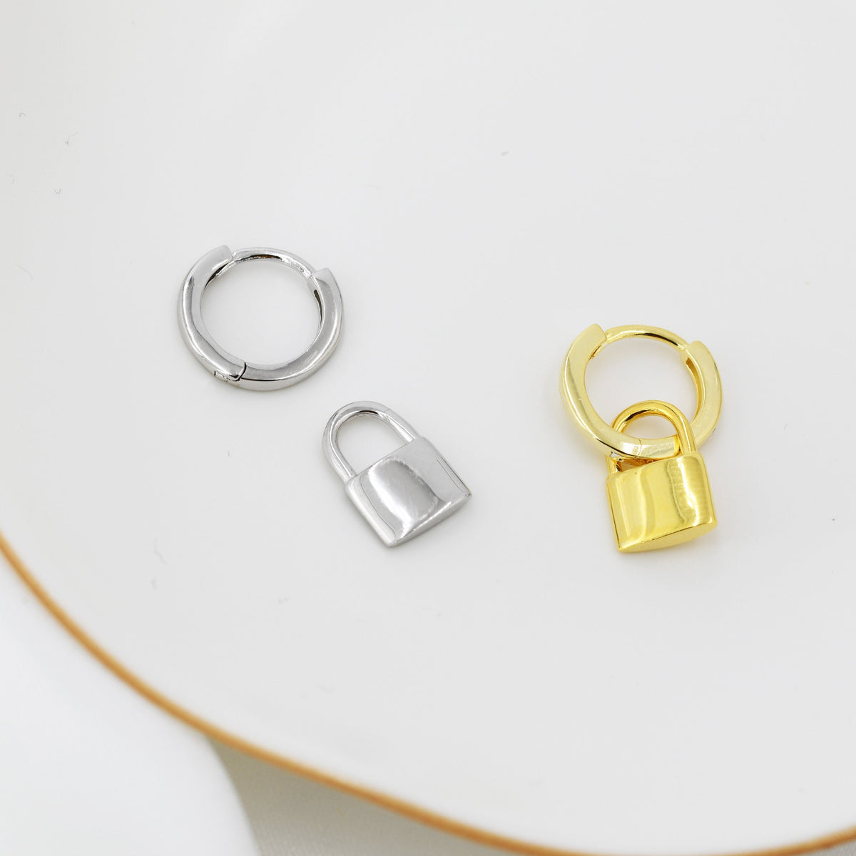 Sterling Silver Padlock Hoop Earrings, Detachable Lock Charm Dangle Hoop Earrings, Silver or Gold, Interchangeable