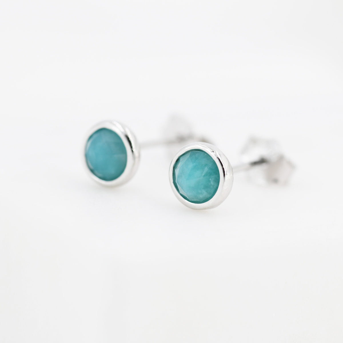 Sterling Silver Amazonite Stud Earrings, 4mm Rose Cut, Genuine tiny Amazonite Gemstone Stud, Bezel, Minimalist Style